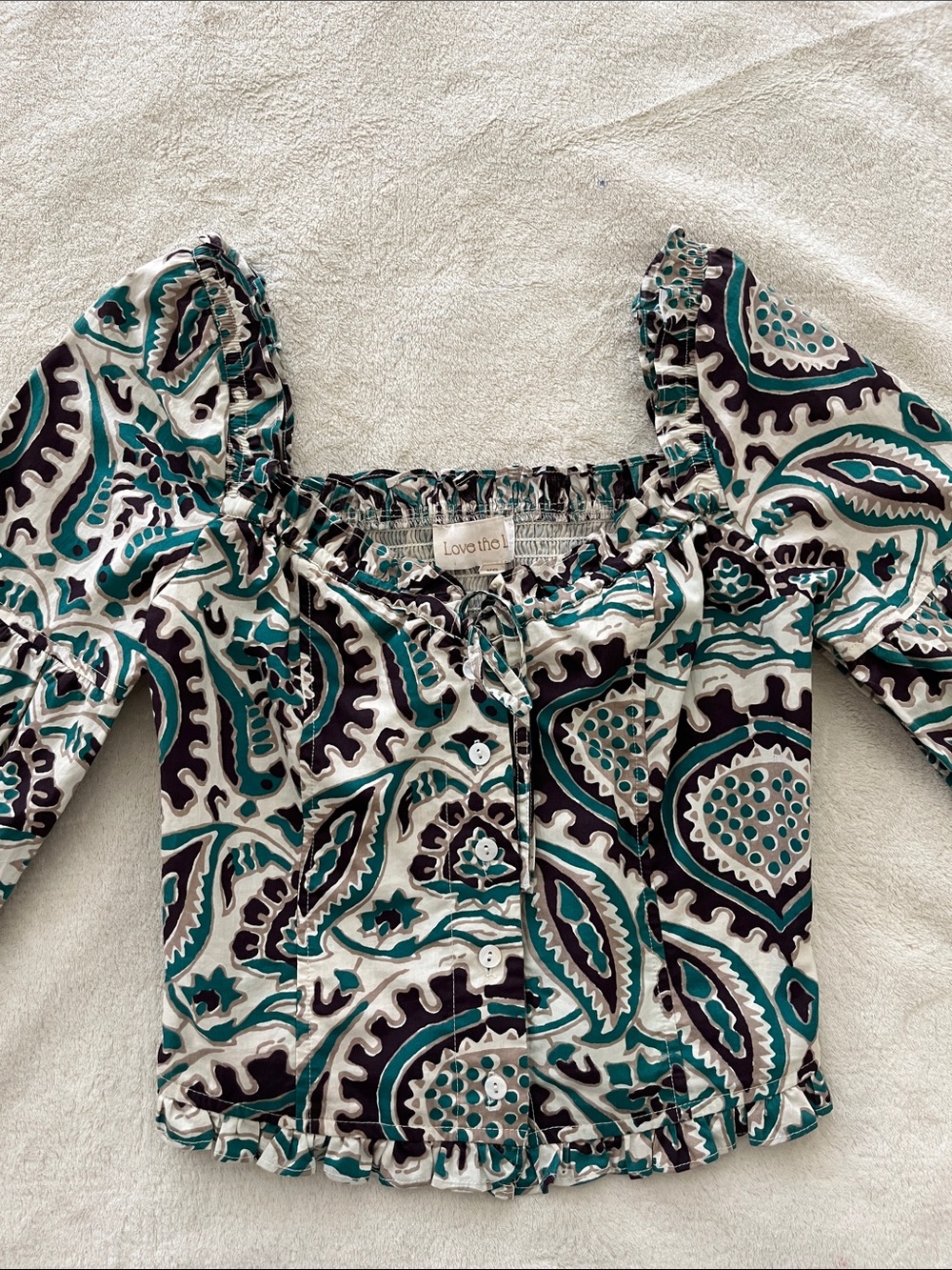 Love The Label Paisley Green White Puff Sleeve Crop Top 100% Cotton Cowgirl - Picture 3 of 7